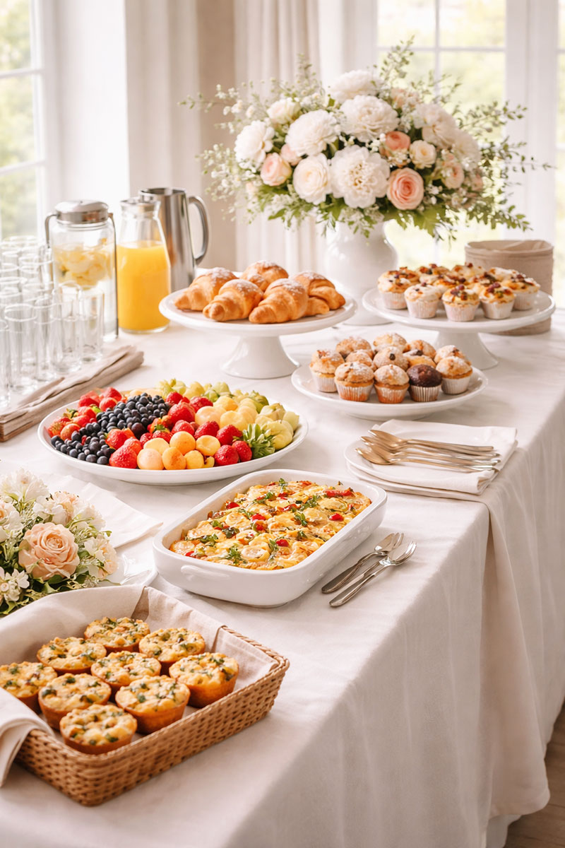 Baby shower brunch buffet with pastries fruit quiche and drinks arranged in a clear serving order