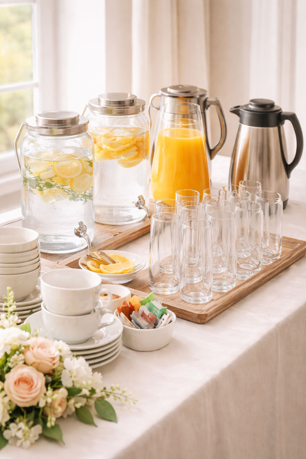 Baby shower brunch drink station with coffee juice water and glassware placed away from the buffet