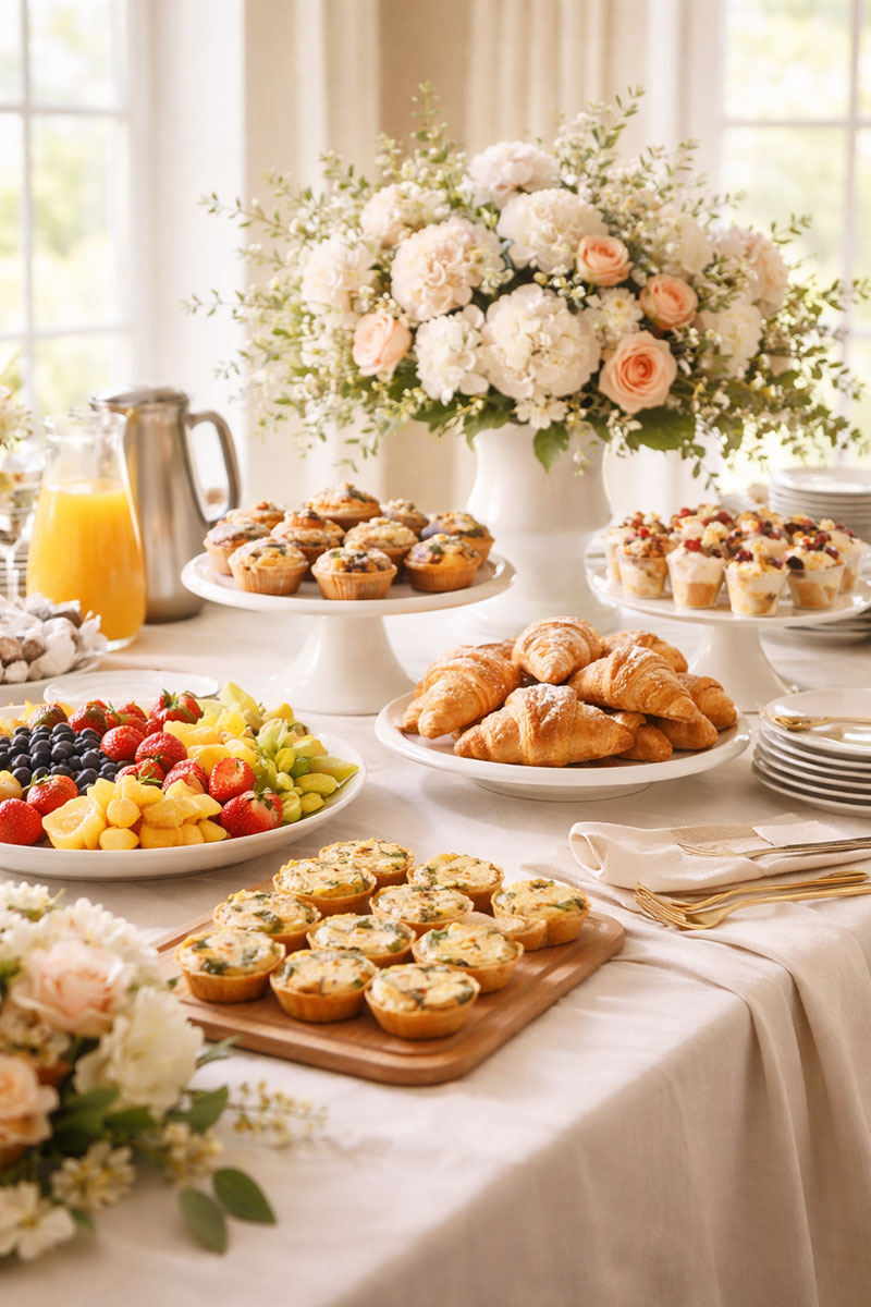 Baby shower brunch table with pastries fruit flowers and soft elegant decorations
