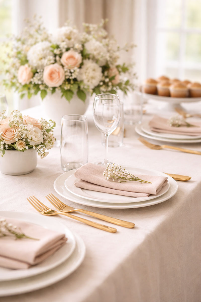 Baby shower brunch place settings with luncheon plates napkins and glassware arranged neatly