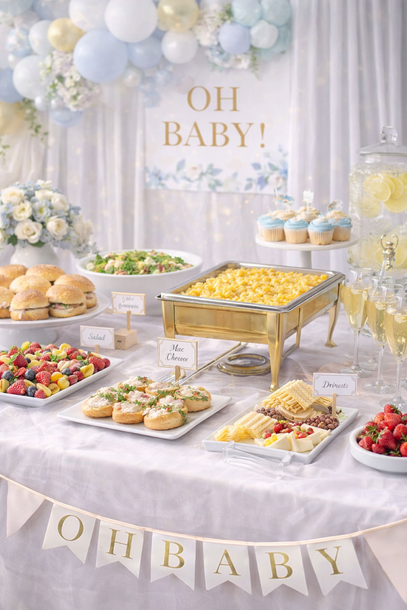 Modern buffet-style baby shower food table with labeled platters, desserts, drinks, and layered serving pieces