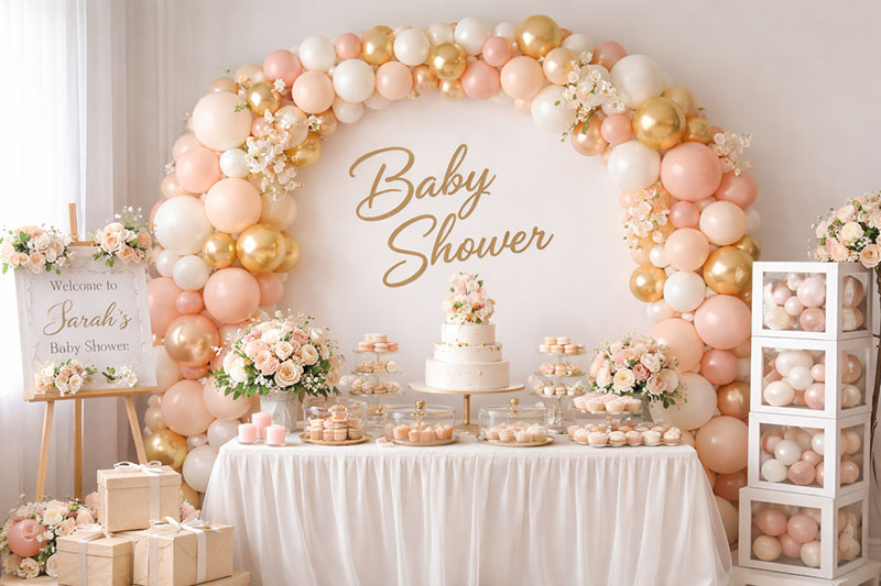 Elegant blush pink ivory white and gold baby shower decorations with balloons, dessert table, backdrop, and coordinated party decor