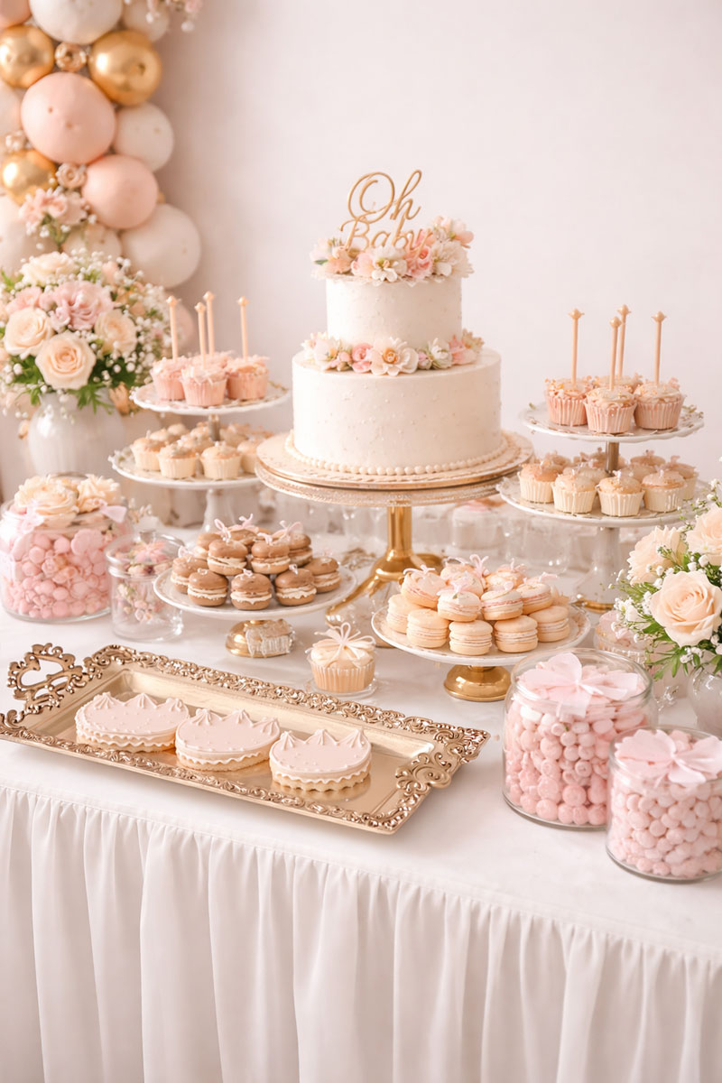 Blush pink, ivory white and gold baby shower dessert table with backdrop and layered serving pieces in a structured layout