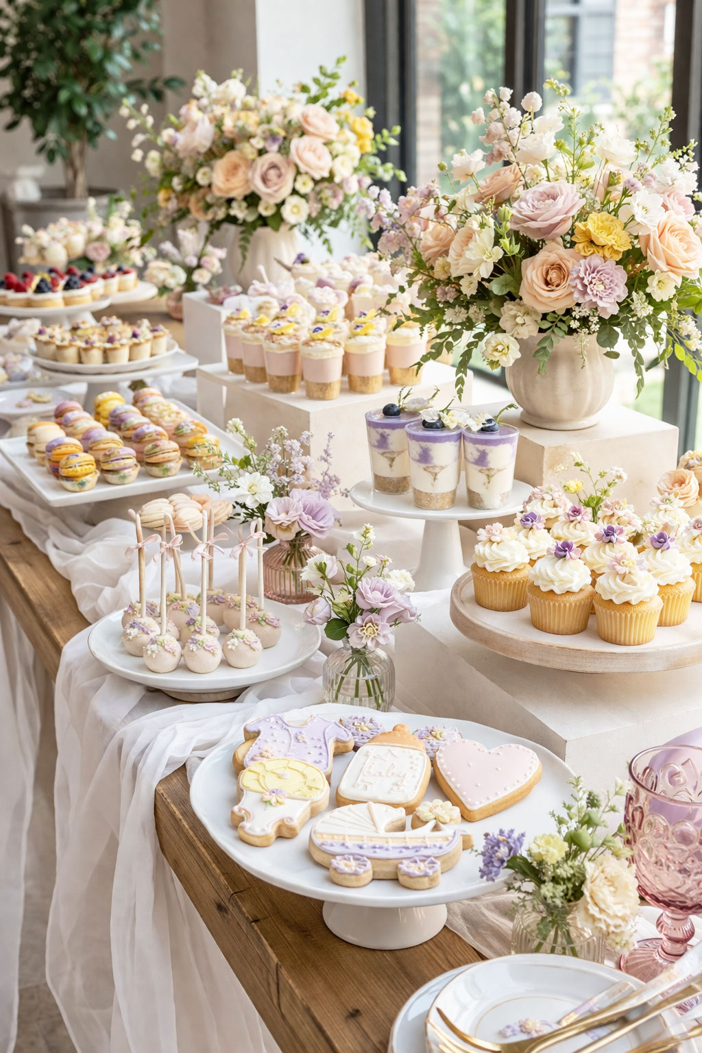 Baby shower dessert table with layered display