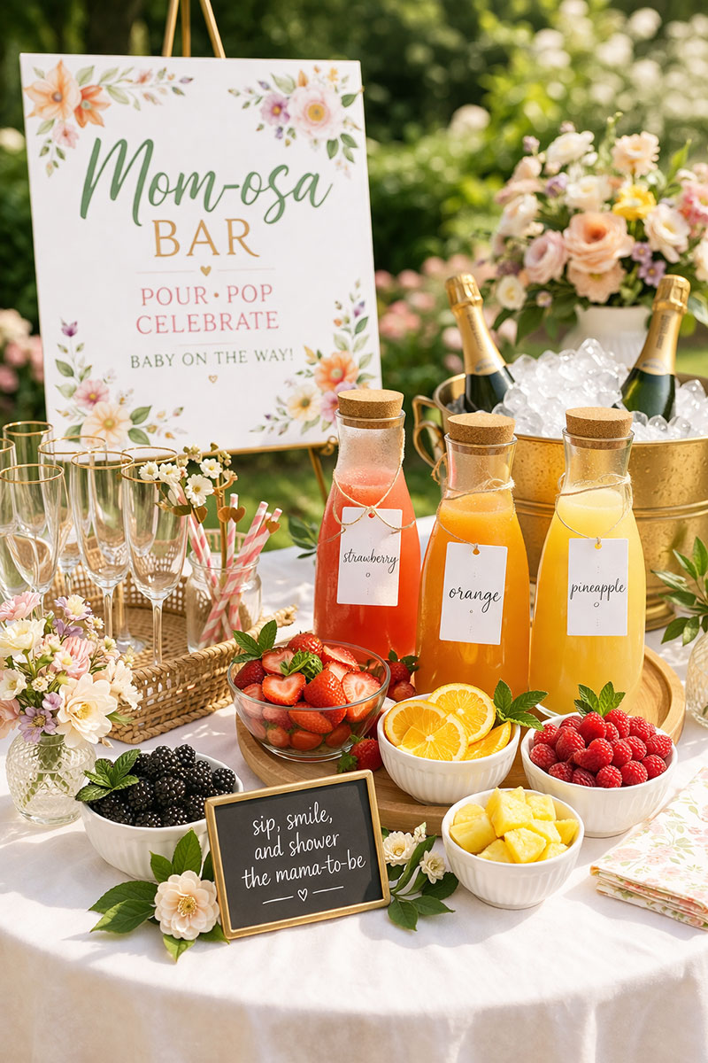 Baby shower drink station with mimosa bar, fruit, clear dispensers, simple labels, and a clean styled setup