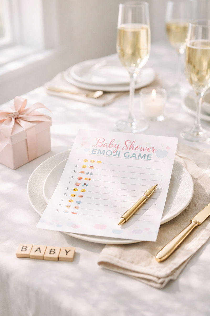 baby shower emoji game printable with guests playing and laughing at a decorated table