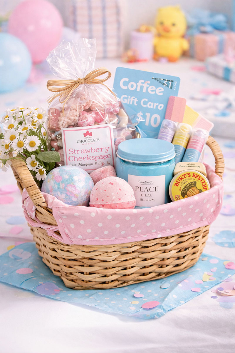 Baby shower game prize basket ideas with small practical gifts for winners