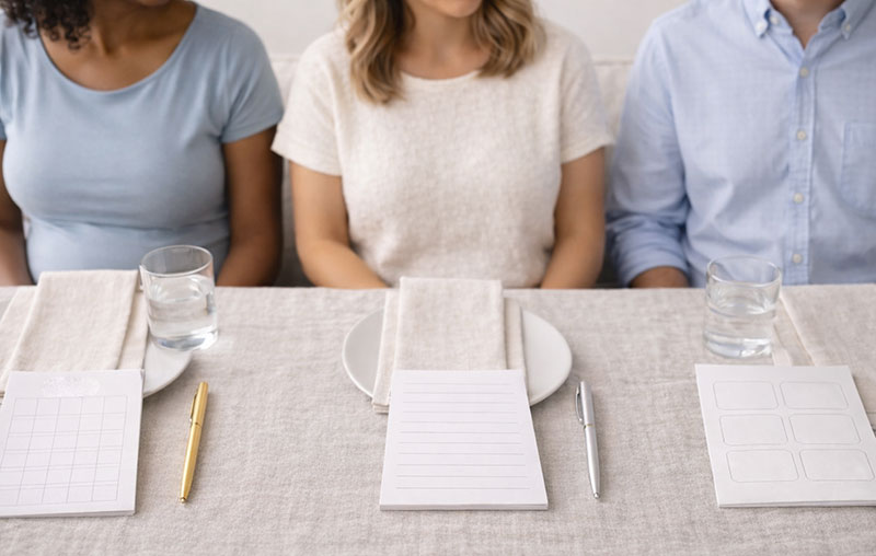 Mixed group of guests seated and using printable baby shower games at a party table