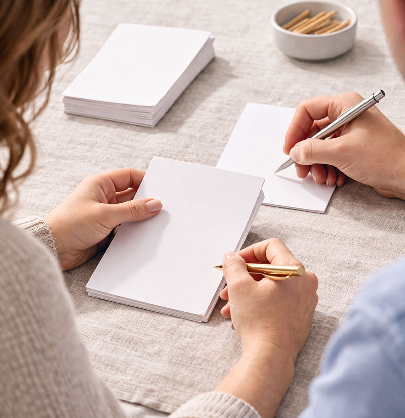 Printable baby shower game cards arranged neatly on a decorated table with pens at each place setting