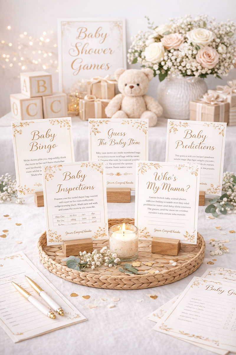 Baby shower game cards arranged on a table for a large group game setup