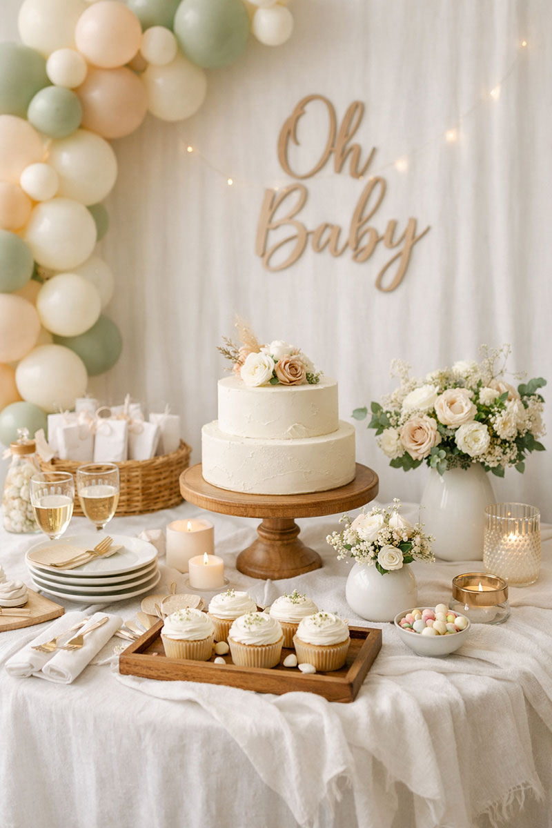 Modern baby shower ideas featuring a neutral table setup with soft colors, simple decor, and elegant details