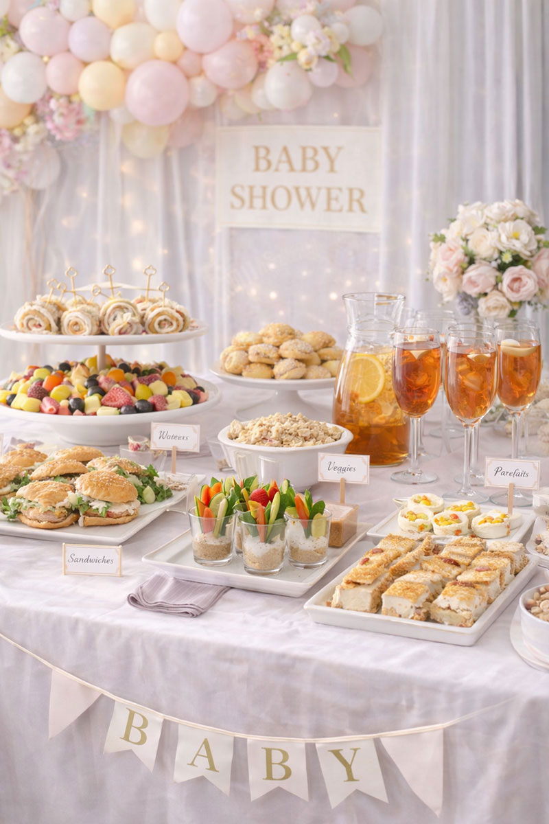 Elegant baby shower lunch spread with croissant sandwiches, pasta salad, fruit, and iced drinks