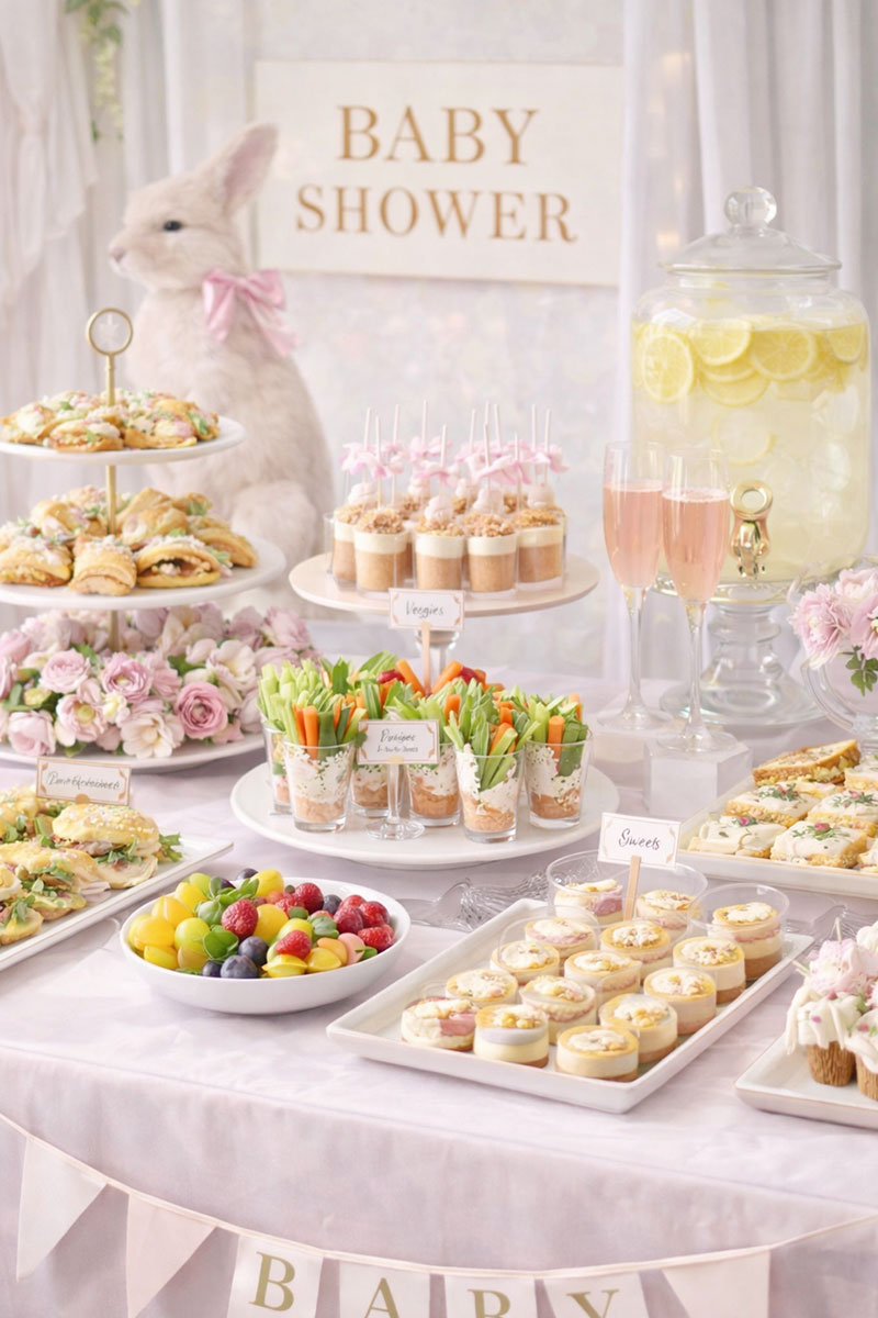Modern baby shower food table with sandwiches, fruit, mini desserts, and drinks arranged in a polished editorial style
