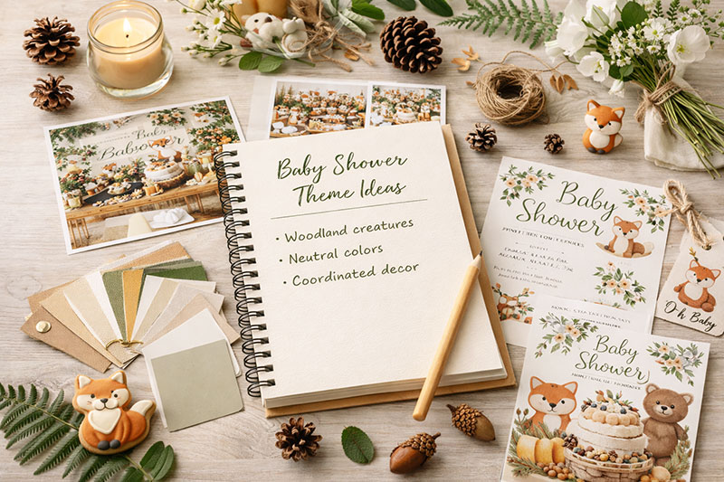 Baby shower planning inspiration with color swatches, invitations, and decor ideas