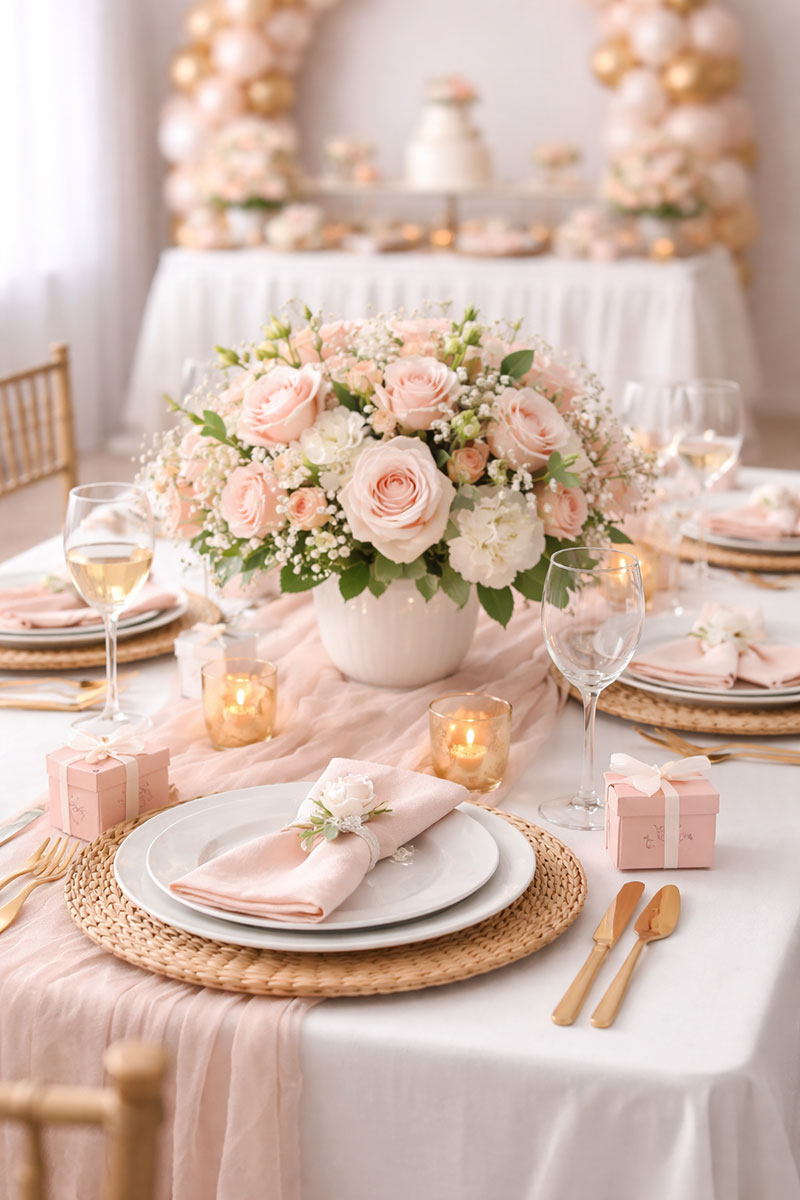 Elegant blush pink ivory white and gold baby shower table with low centerpiece and coordinated place settings in a functional layout