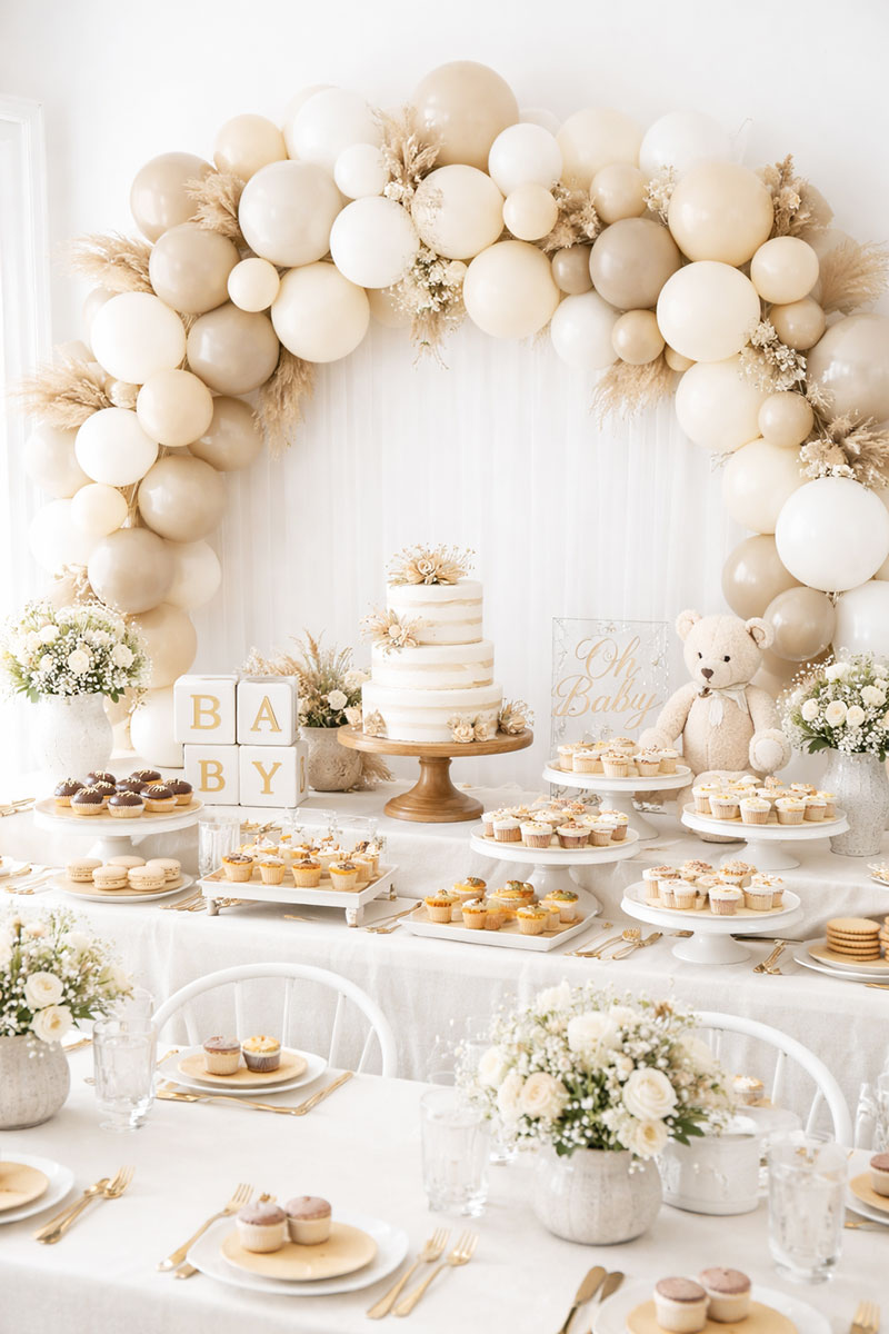 Neutral baby shower table setup with soft colors, simple decorations, and an elegant brunch-style layout