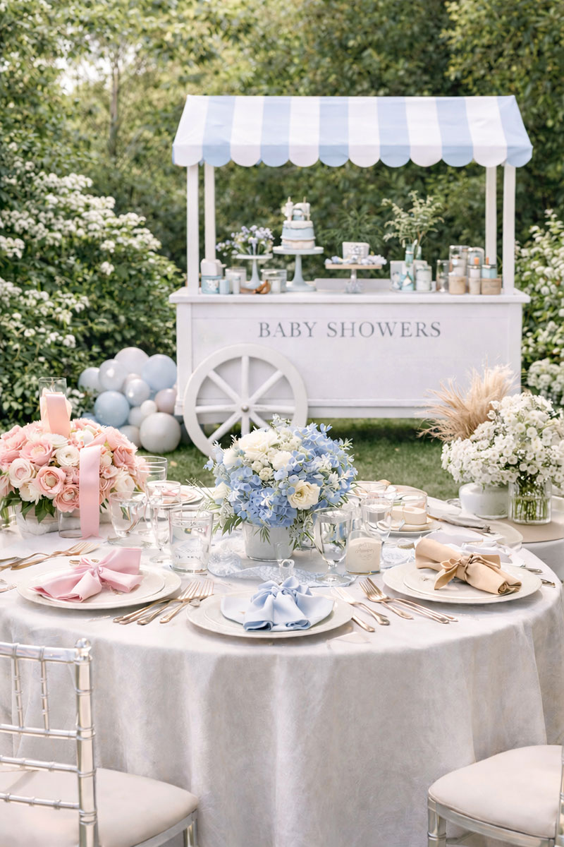 Baby shower theme ideas for girls boys and gender neutral parties with soft pastel table styling and coordinated decorations