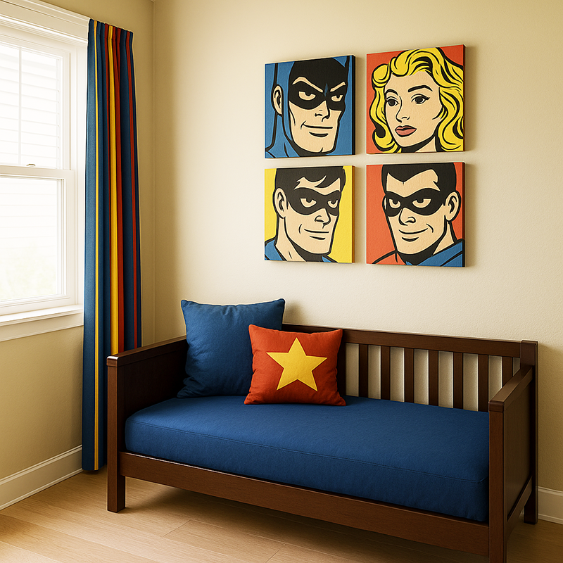 cozy baby superhero nursery daybed with comic art wall and striped curtains in red, blue, and gold