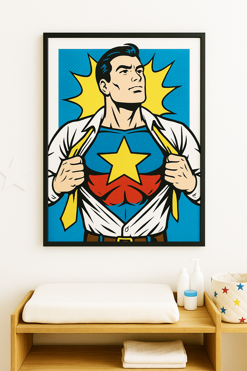 superhero nursery wall art above a baby changing table with star decor and wooden storage shelf