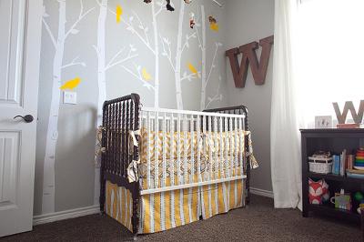 William's gray yellow and white forest animals nursery theme is a tranquil lighthearted space filled with enchanting woodland creatures
