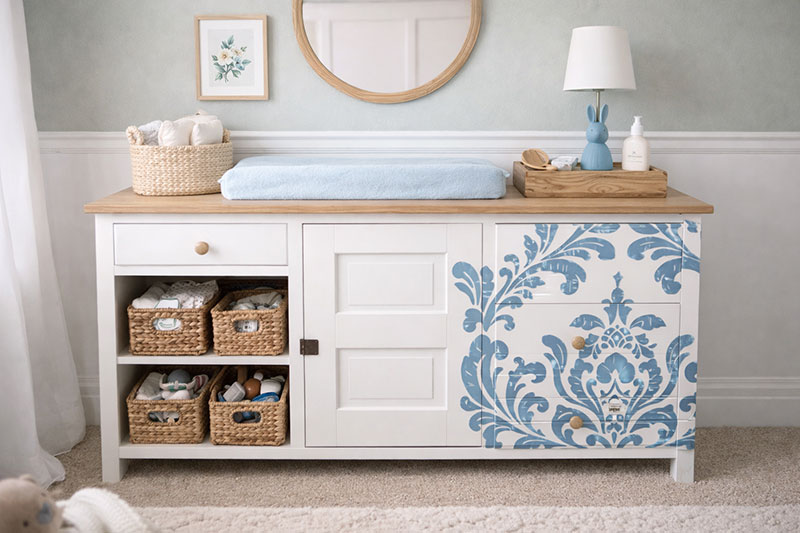 White dresser with a baby blue stenciled design painted using a large pattern