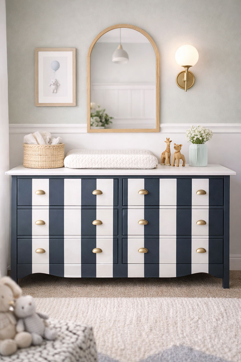 Baby dresser changer painted in black and white stripes with glass knobs