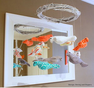 Modern orange brown and white bird theme baby crib mobile