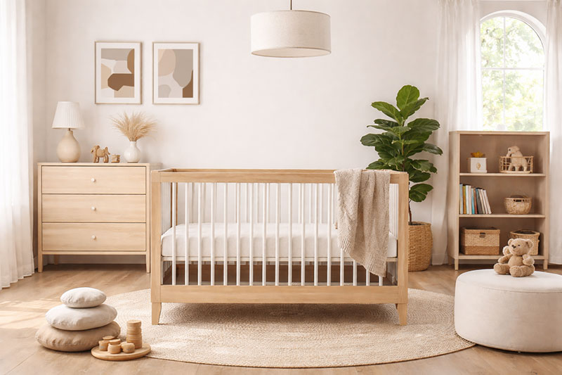 Modern nursery featuring a Babyletto crib with clean lines and natural wood finish