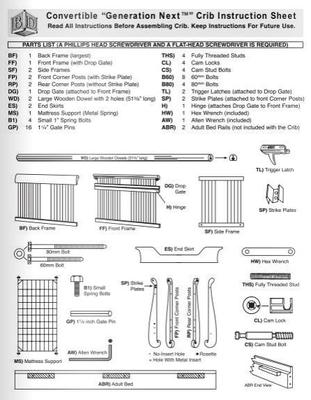 GXCCPNCN Baby's Dream Generation Next Crib Instructions Manual and Parts List