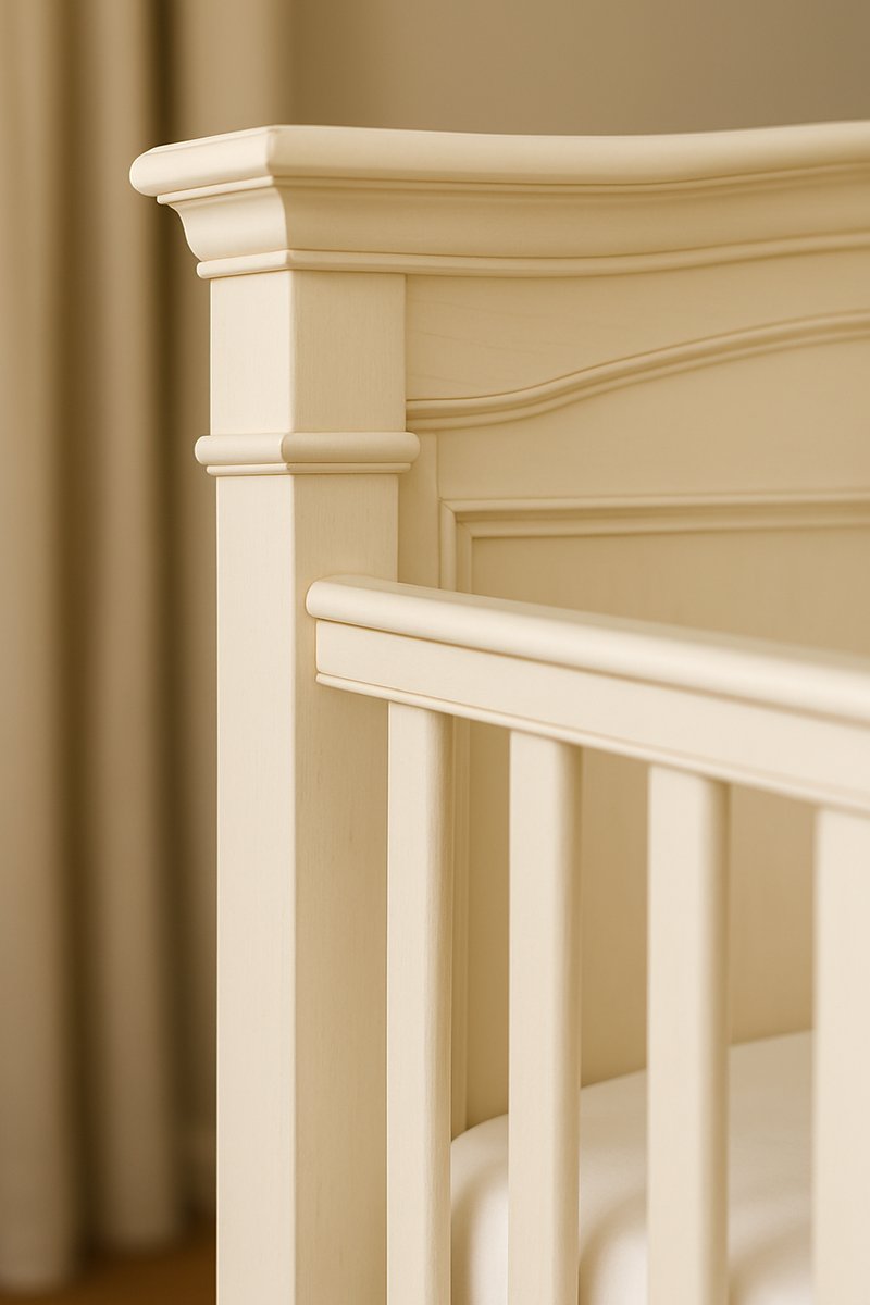 Close-up of Baby’s Dream crib moldings and frame details used to identify crib model