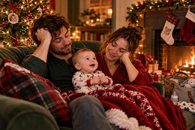 We were tired but happy parents with a wide-awake baby on Christmas Eve beside a decorated tree and fireplace, celebrating baby's first Christmas.