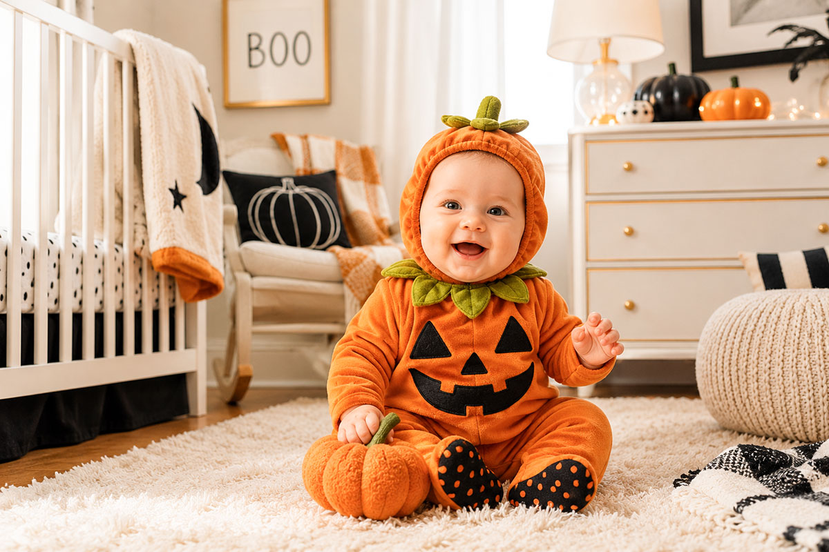 Baby wearing a simple first Halloween costume in a bright autumn indoor setting