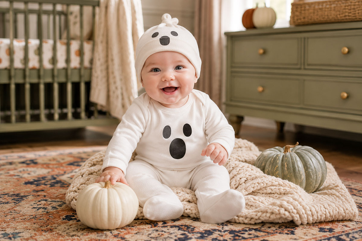 Baby dressed in a simple first Halloween costume for a family photo at home
