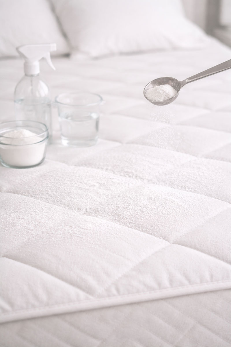 Baking soda sprinkled on mattress for deodorizing