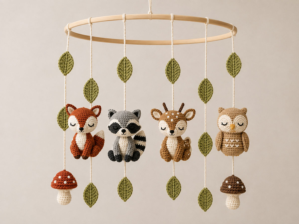 Completed crochet woodland animal baby mobile suspended for hoop leveling and cord adjustments