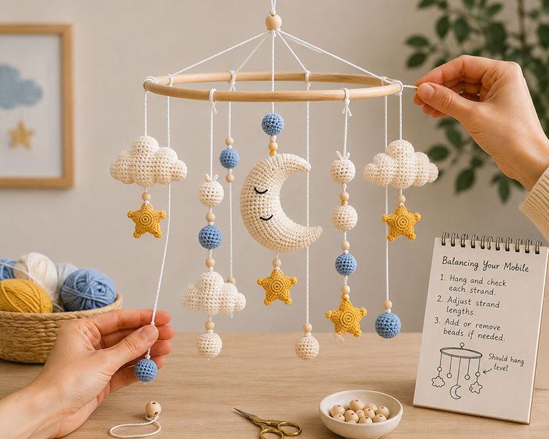 Checking the balance of a crochet moon and stars nursery mobile before final hanging