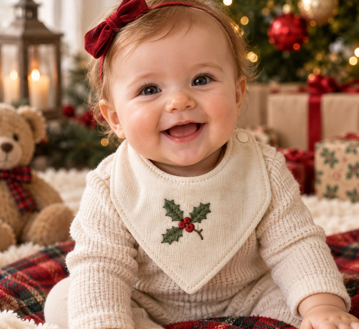 Baby bandana bib front with a small hand embroidered design centered inside the suggested personalization area