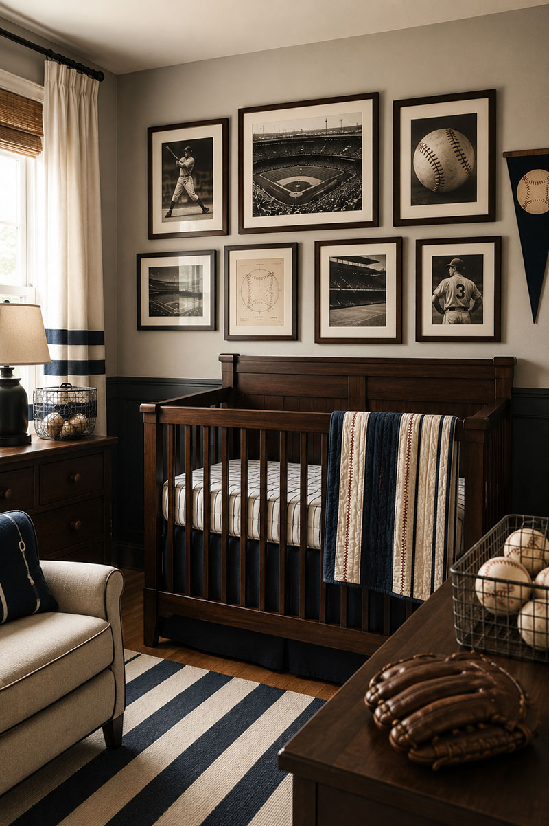 Baseball nursery gallery wall with framed baseball stadium prints and striped nursery decor