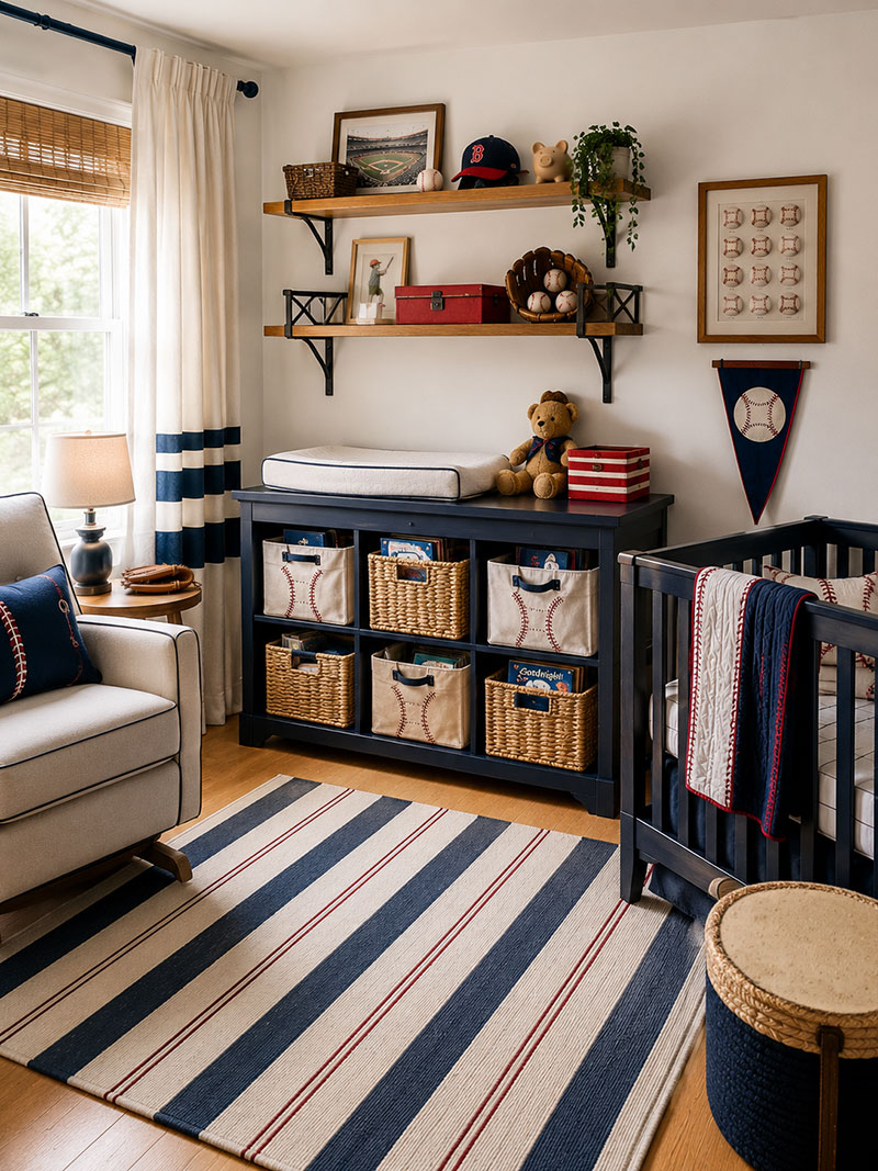Baseball nursery storage with wooden crates, striped rug, dark wood crib, and woven baskets