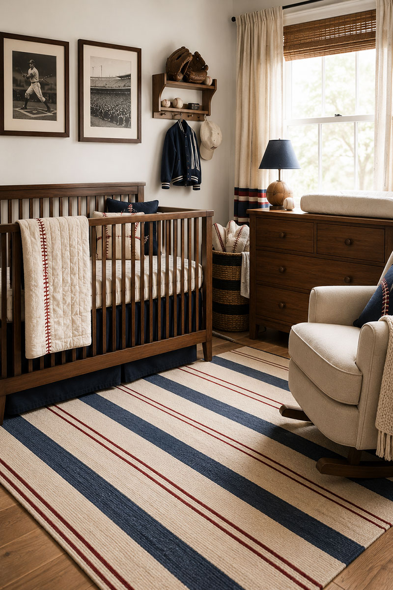 Baseball nursery with striped rug, stitched bedding, wood crib, and classic sports decor
