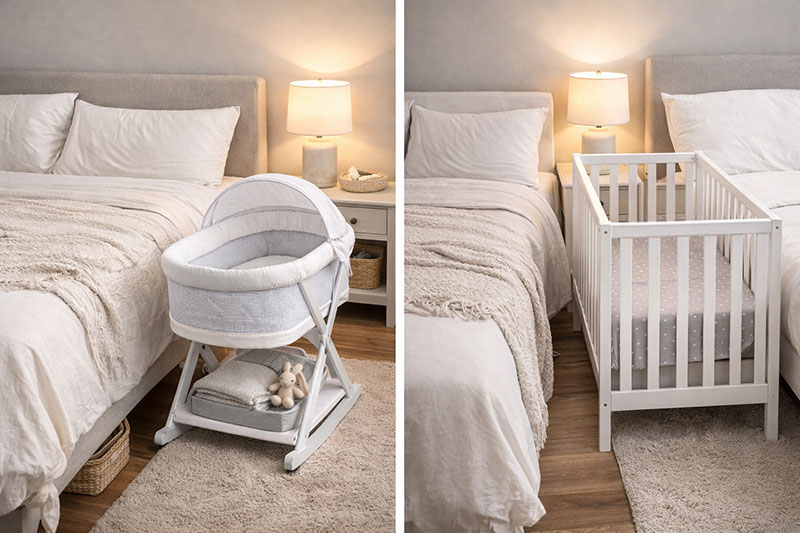 Bedroom layout comparing bassinet placement with crib footprint