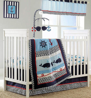 Navy blue and baby blue whale ocean beach theme nursery ideas for a boy