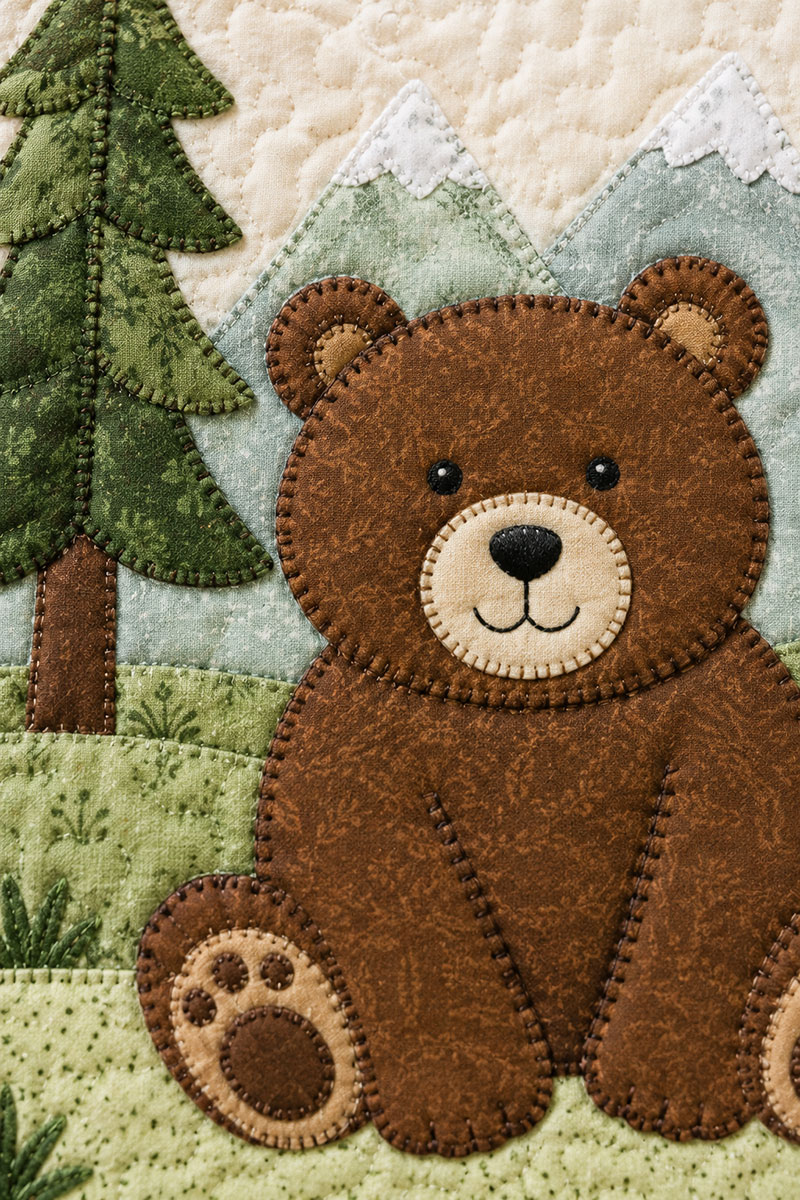Close view of blanket stitching around the bear appliqué on a bear baby quilt pattern