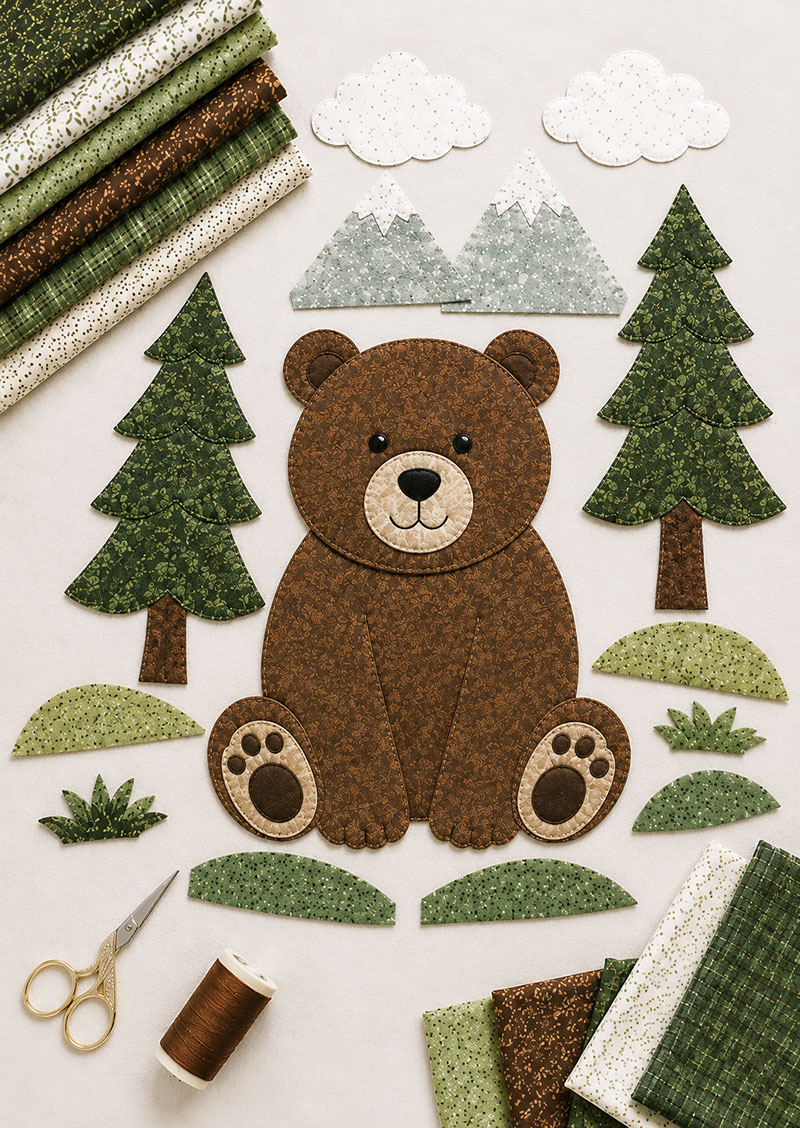 Bear appliqué pieces cut from woodland fabrics before fusing to the quilt center panel