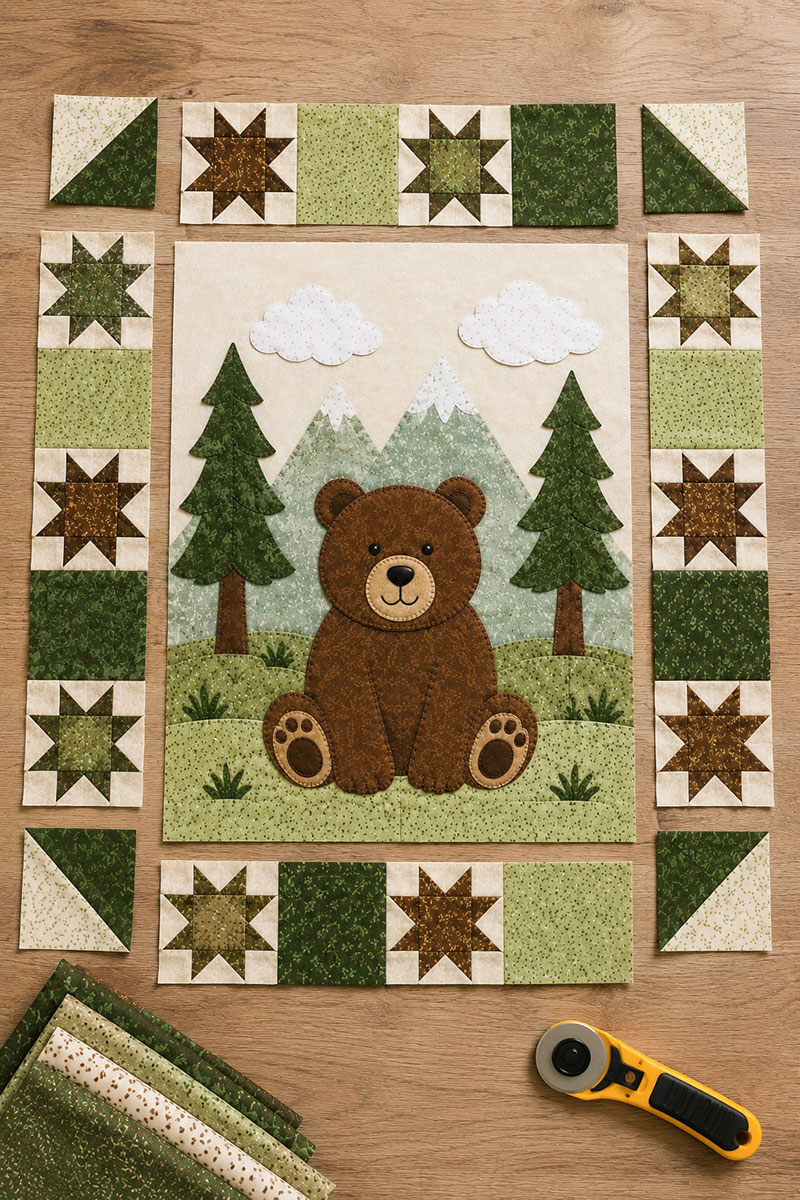 Patchwork border blocks arranged around the center panel of a bear baby quilt pattern before assembly
