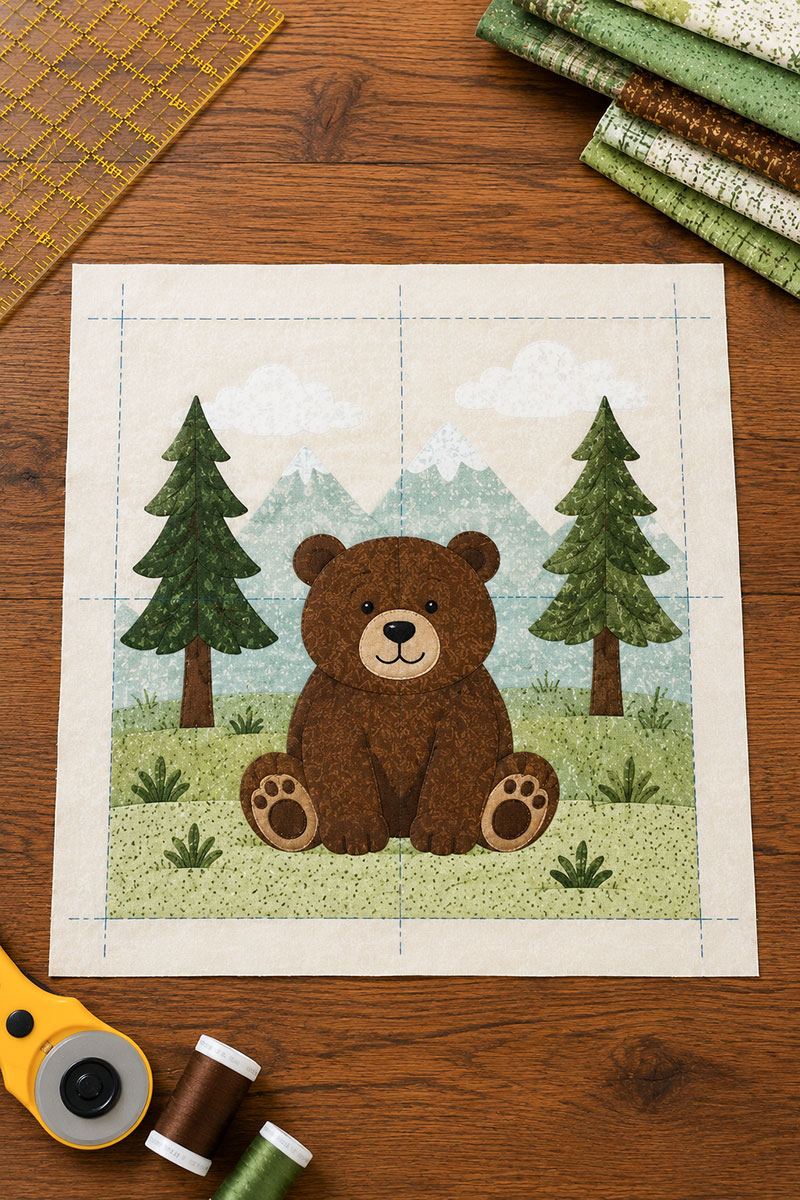 Center panel prepared with reference lines for a bear baby quilt pattern