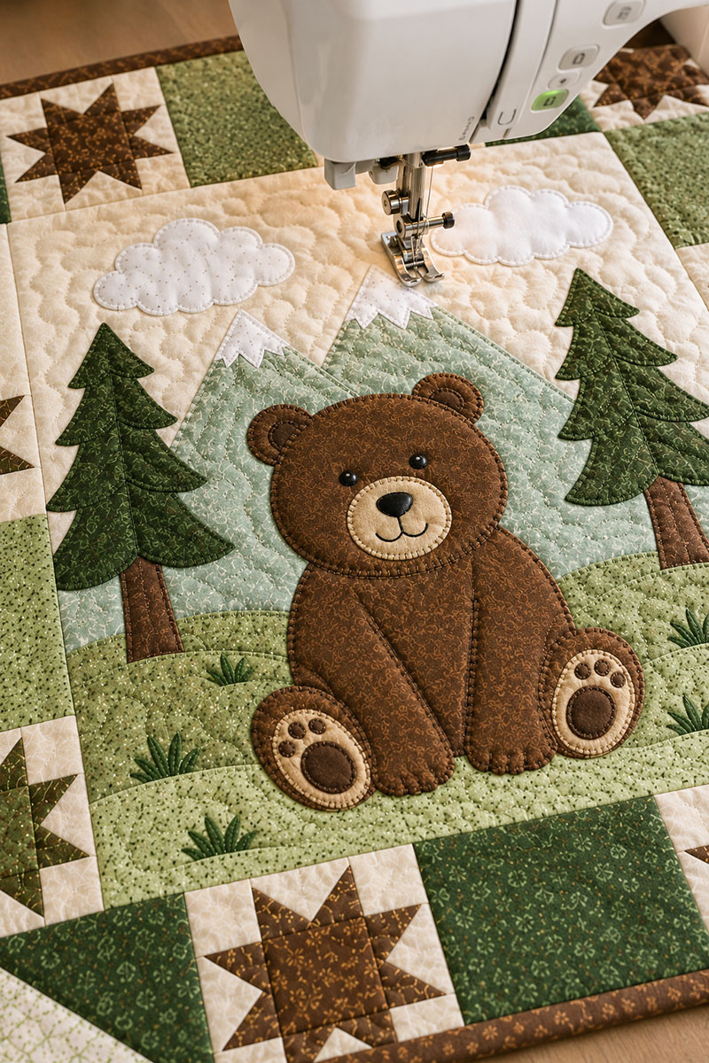 Machine quilting around the bear appliqué on a bear baby quilt pattern