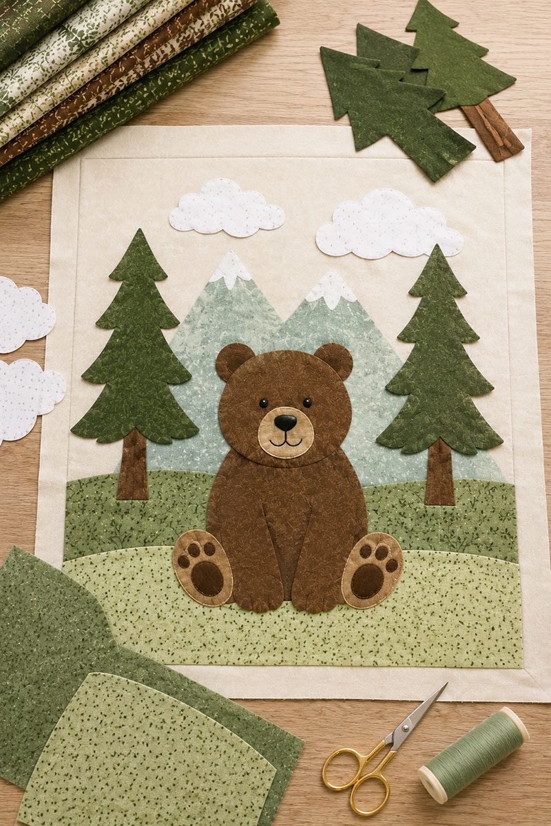 Bear baby quilt pattern center panel with appliqué pieces arranged before fusing