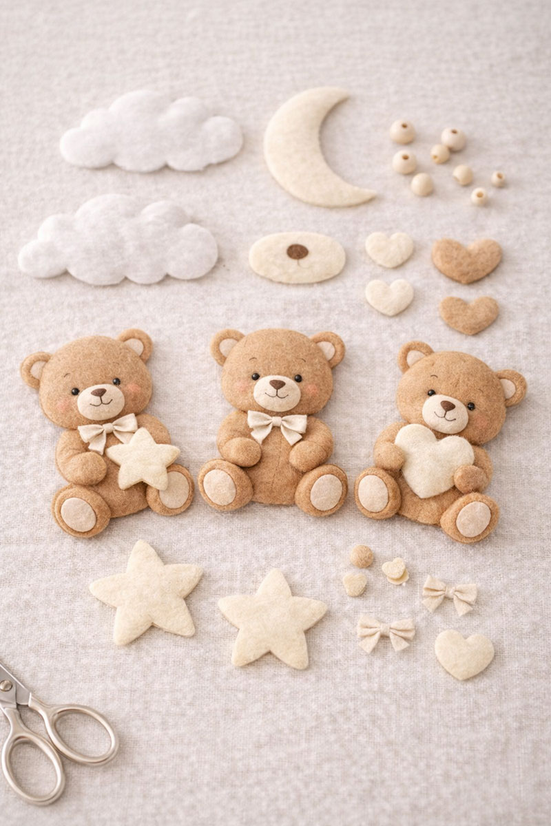 Cut felt teddy bear mobile pieces arranged on a table before assembly