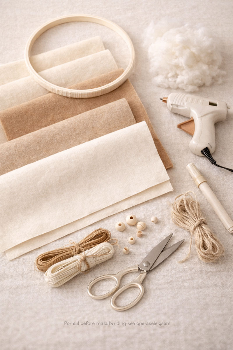 DIY bear crib mobile supplies including felt sheets hoop thread scissors and beads